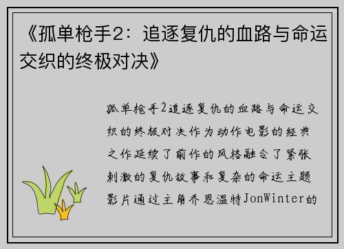 《孤单枪手2：追逐复仇的血路与命运交织的终极对决》